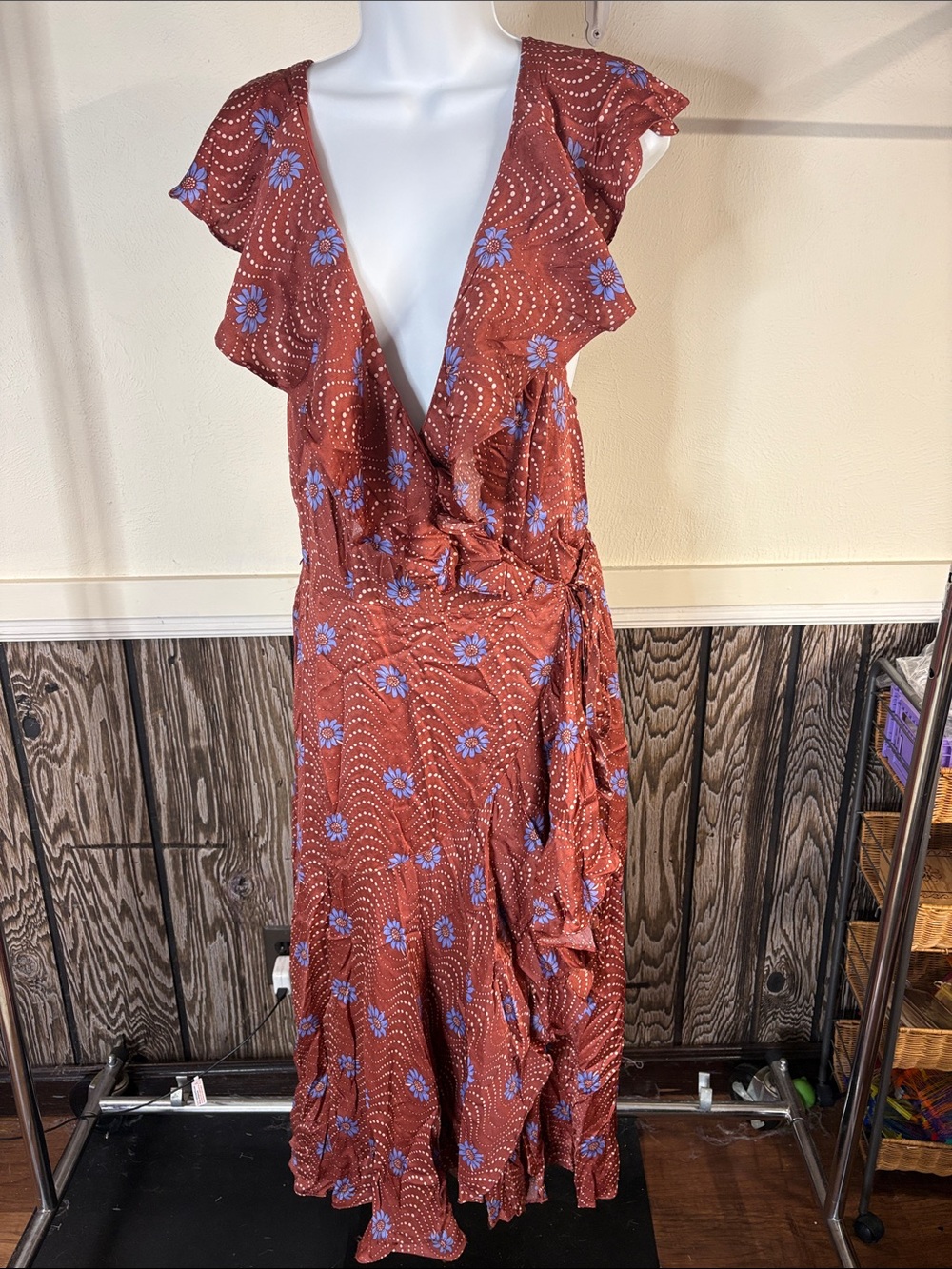 Anthropologie Wrap Rust Maxi Dress with Blue Floral Print